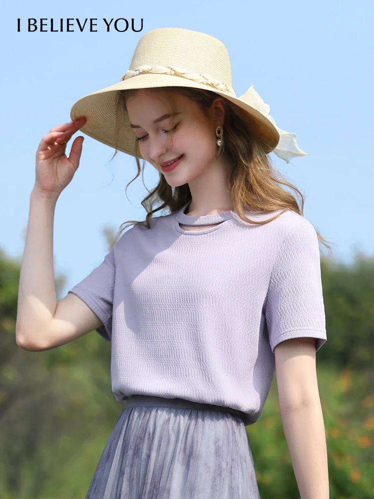 I BELIEVE YOU Hollow Out Knit Short-sleeved Women T-shirt 2024 Summer New Chic Slim Solid Literary Breath Blouse Lady 2241015547