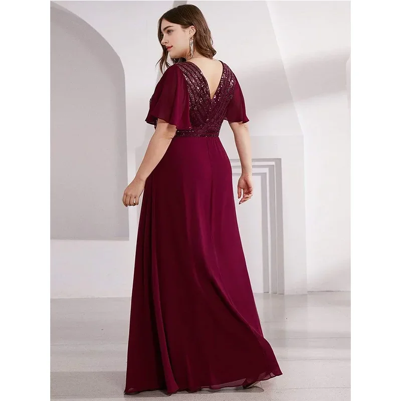 Vestido largo hasta el suelo de gasa con lentejuelas a rayas Burdeos de talla grande, elegante vestido de noche de verano con cuello en V, 4xl, 5xl