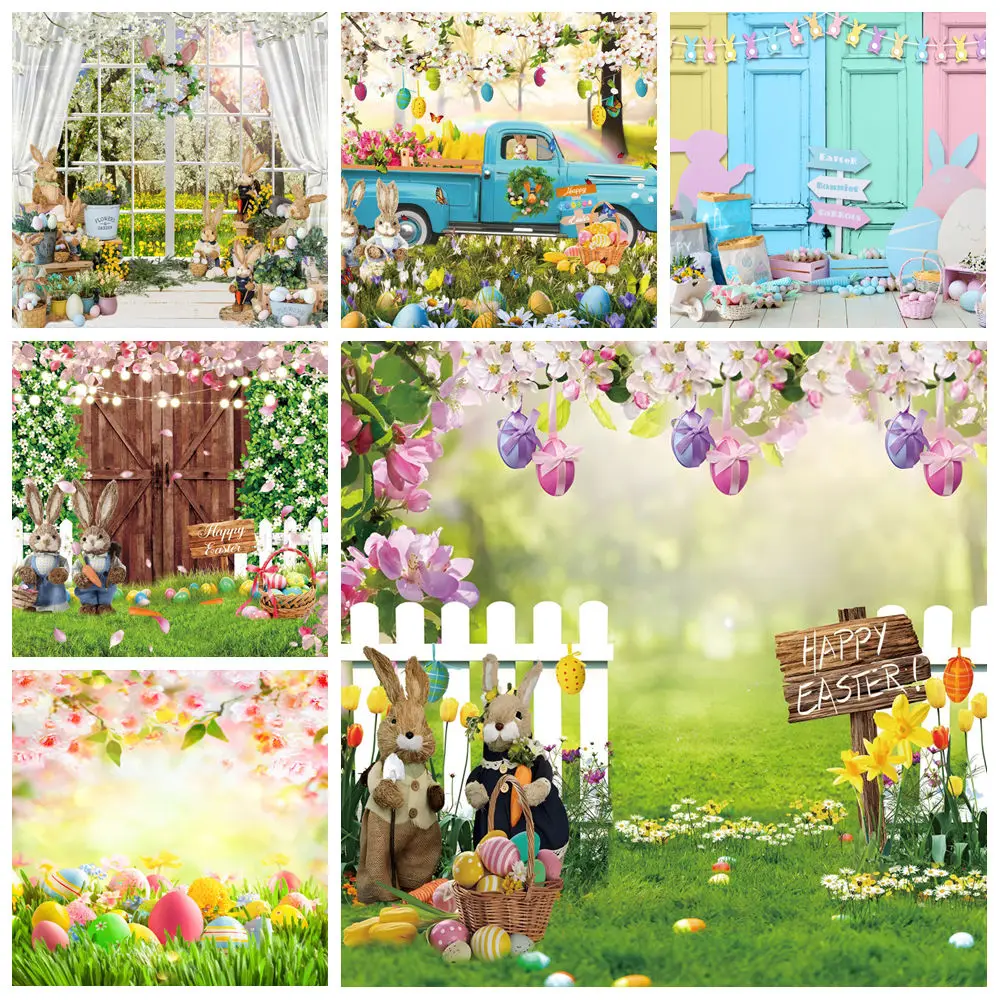 Happy Easter Backdrop Spring Garden Bunny Grass Eggs Flower Rabbit Easter Kids Baby Portrait Photography Background Photo Studio