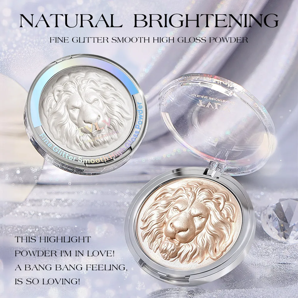 TVLV Glitter Highlighter Powder,Embossed Lion Head Design,Smooth Shimmer,Long-Lasting Transfer-Proof Highlighter for Face & Body