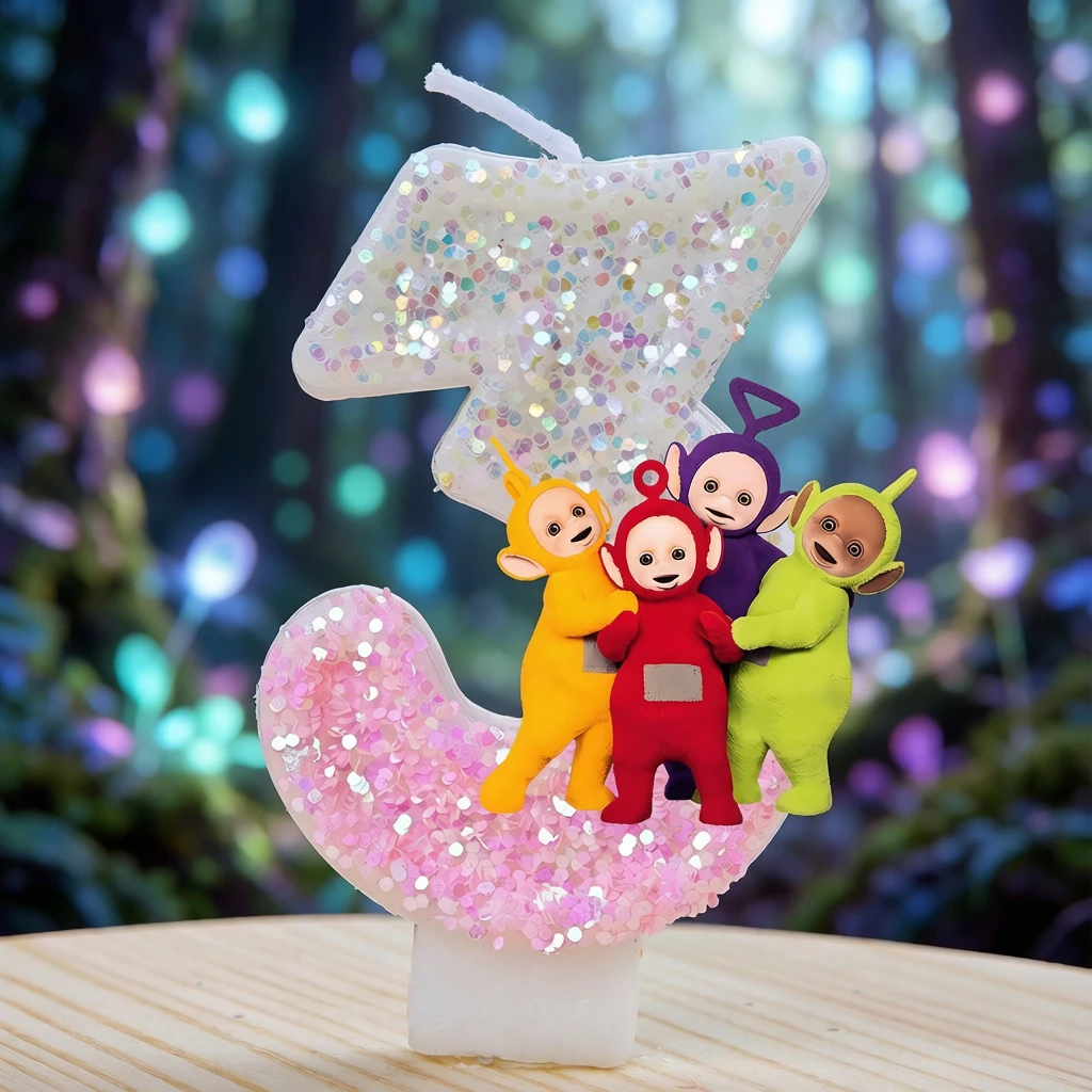 Teletubbies-Stil Glitzer-Finish Zahlen-Geburtstagskerze mit Bauchdruck-Option für Kinder TV-Show Themenparty Dekoration