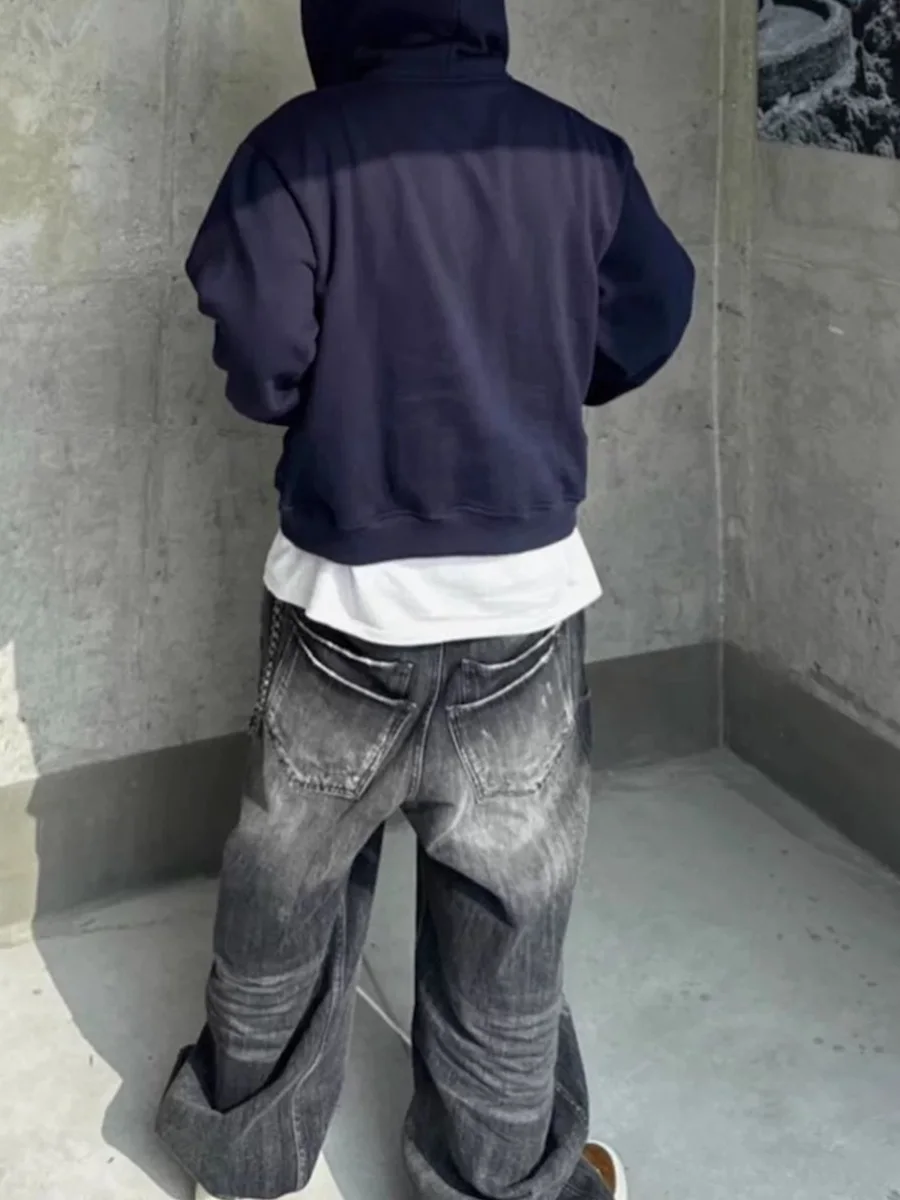 

Parisian Waed Distred Straight Leg Casual Jeans Multi-ket Versatile Loose Fit Long Trousers Trendy Youth Jeans