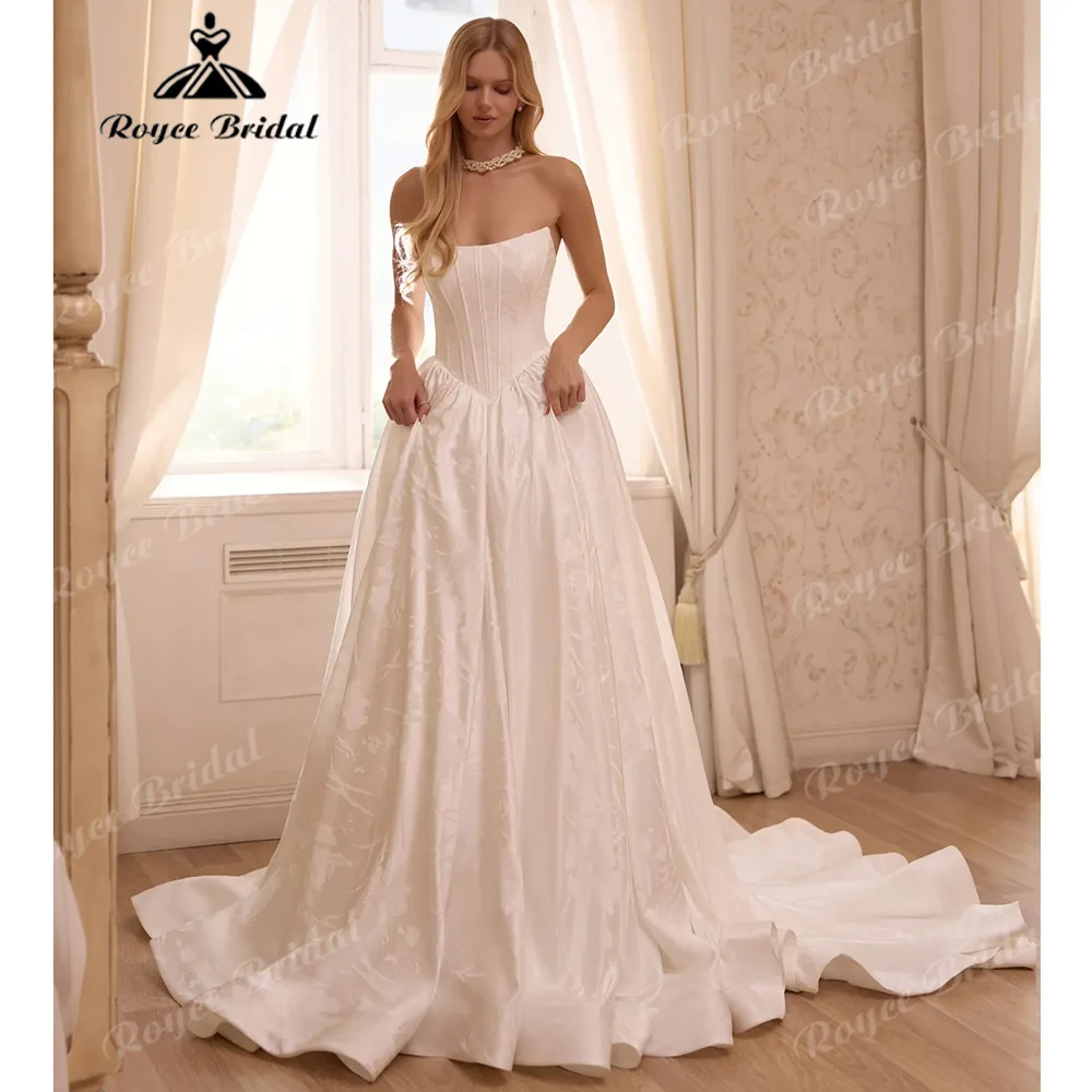 Strapless Jacquard Satin Ball Gown Wedding Dress Structured Corset Bodice Vintage Chapel Train Minimalist Bridal Gown Customized
