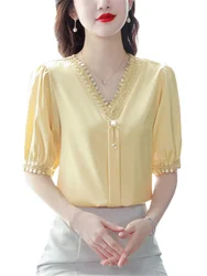 Women Spring Summer Blouses Shirts Lady Fashion Casual Half Sleeve V-Neck Collar Solid Color Blusas Tops CT0206