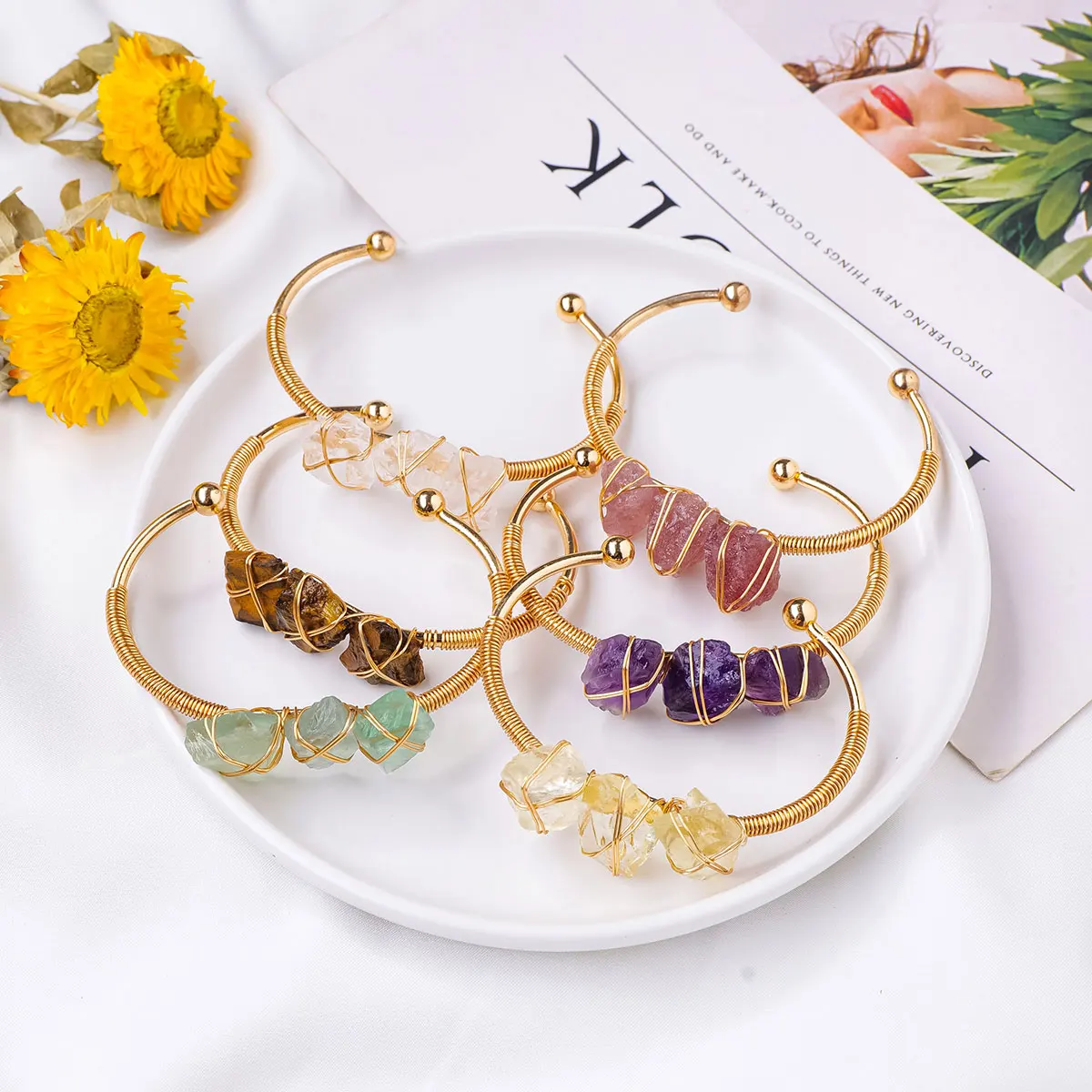 1PC Natural Crystal Lrregular Rough Raw Stone Bracelet Hand Woven Copper Wire Open Bracelet Jewelry Making For Women Jewelry