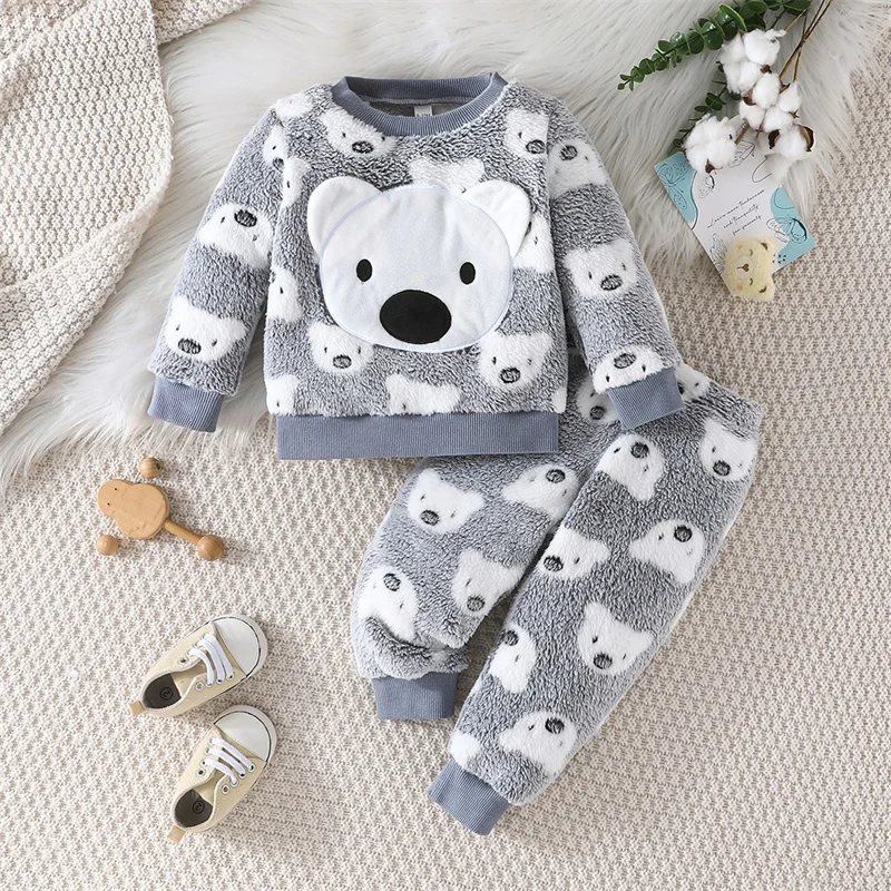 

Children s Boys 2-Piece Set Cozy Teddy Bear Print Sweater with Matching Elastic Waist Joggers for Winter Outfit