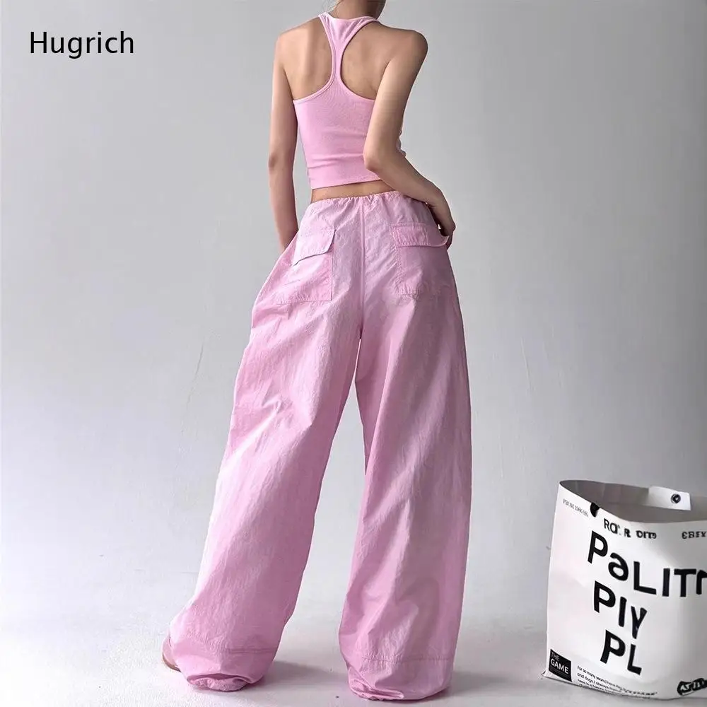 Drawstring Waist Parachute Pants Front Cursive Letter Print Ruched Knee Detail Adjustable Cuff Wide Leg Streetwear Trouser