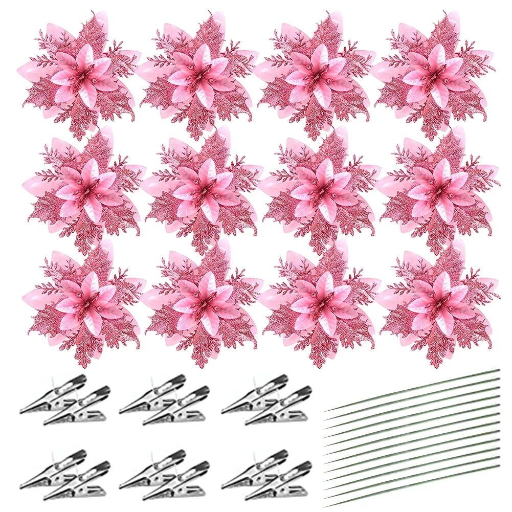 

Artificial Poinsettia Flowers Christmas Artificial Flower Christmas Holiday Fabric And Plastic Glitter Covered