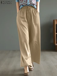 ZANZEA Loose Casual Elastic Waist Pantalon Women Lace-Up Autumn 2024 Simple Trouser Vintage Daily Solid Color Wide Leg Pant