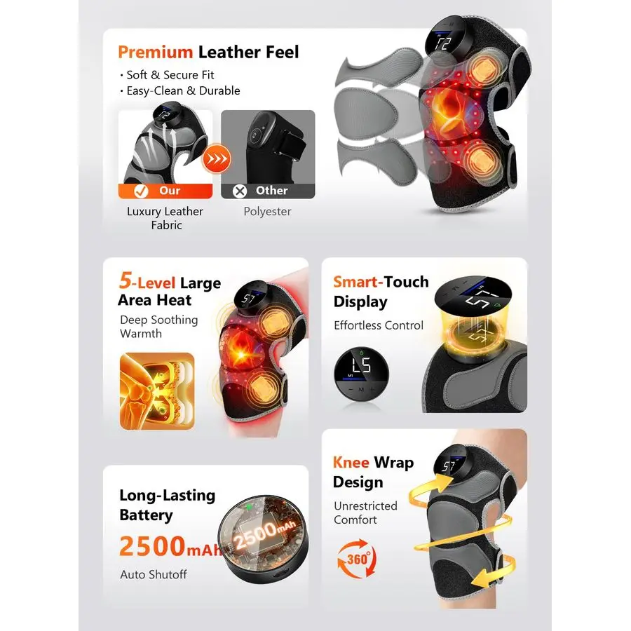 Genouillère pour 4 zones de massage, thérapie par la lumière rouge pour le genou, contrôleur rechargeable sans cordon, arrêt automatique de 20 minutes, ampli 660 nm 850 nm