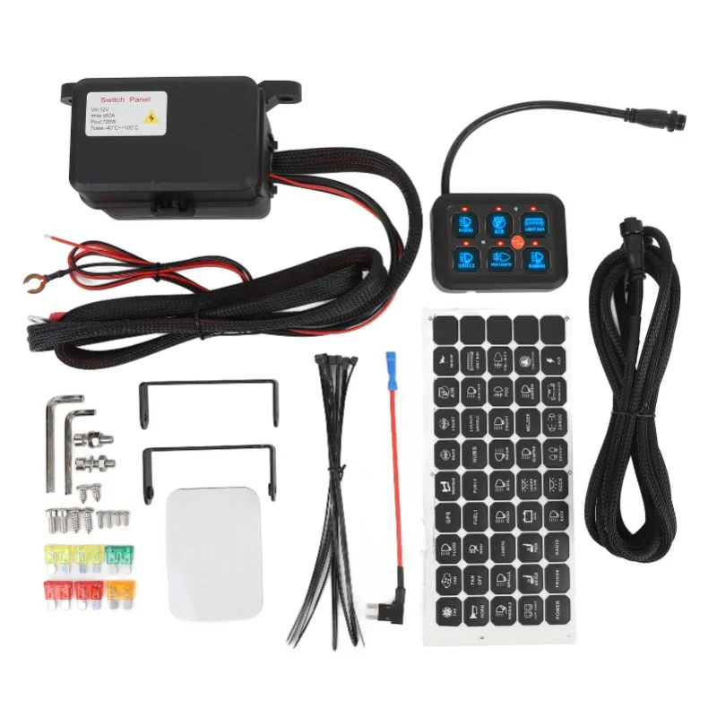 6 Gang 12V Switch Panel Dimmable Aluminum Shell 720W 60A LED Light Bar Circuit Control Box For Car Truck Boat UTV ATV Blue Light