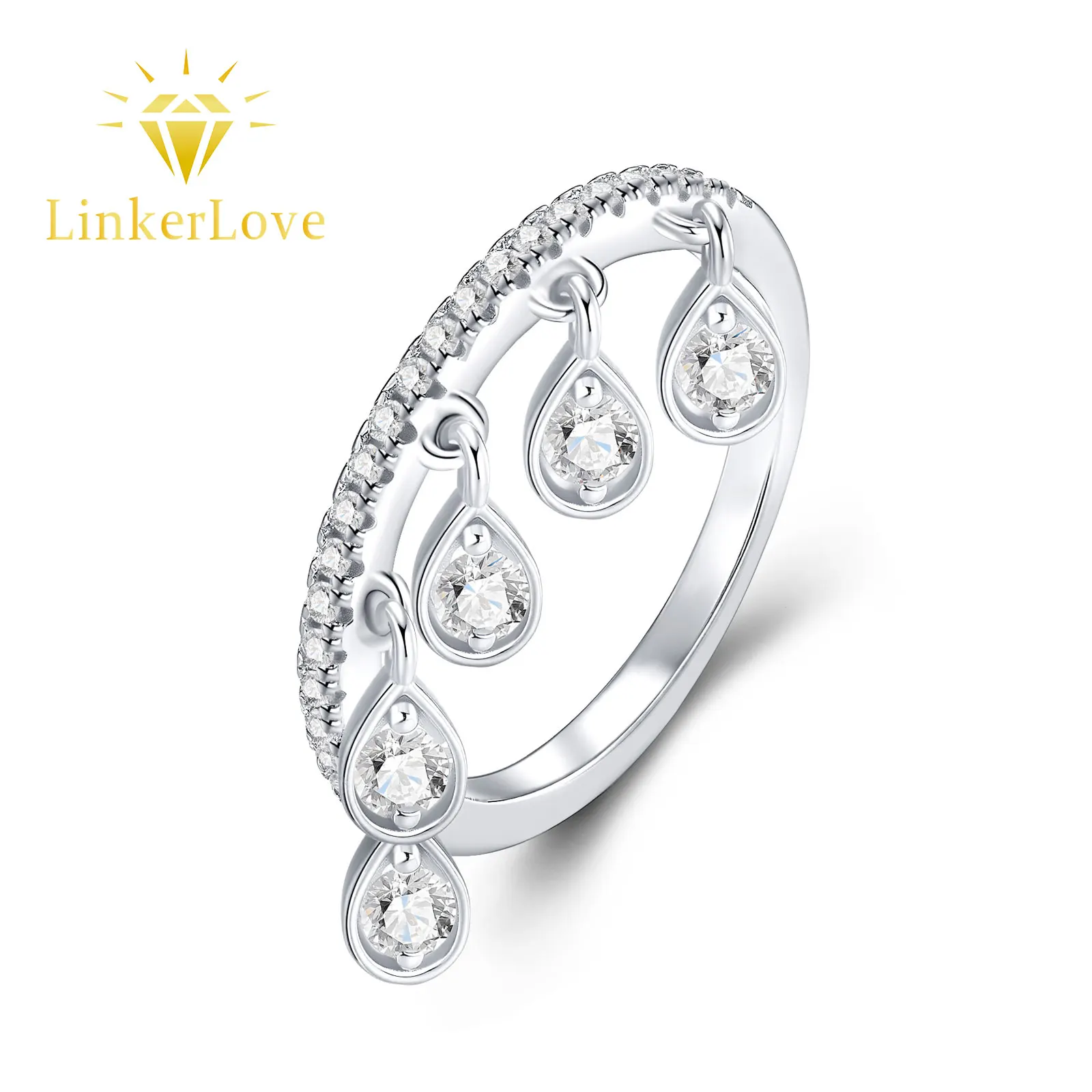 

LinkerLove S925 Sterling Silver Moissanite Tassel Waterdrop Ring for Women Dangle Teardrop Crown Wedding Band Party Fine Jewelry
