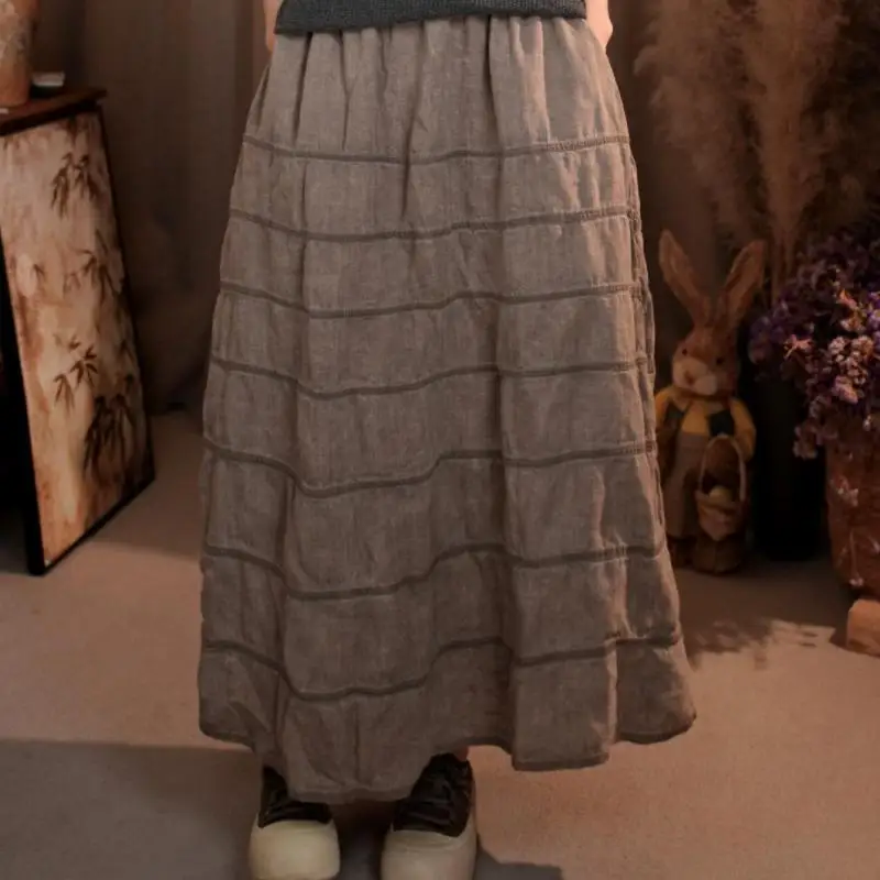 

Spring Summer Arts Style Women Elastic Waist Loose A-line Skirts High Quality Bright Line Decoration Cotton Linen Long Skirt