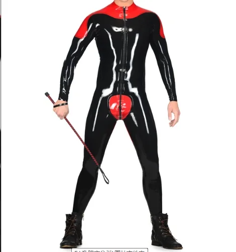 

Fetish Latex Rubber Catsuit Men Black and Red Rennanzug Tight All Inclusive Set S-XXL