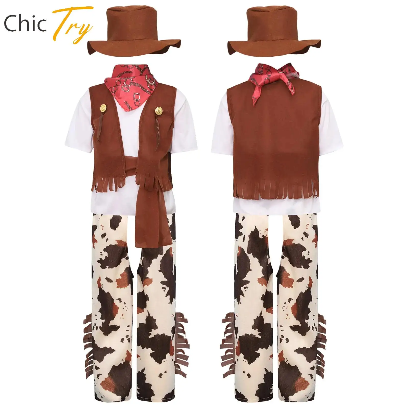 

Boys Halloween Western Cowboy Bandanna Carnival Cosplay Party Costume Dress Up T-shirt Pants Vest Hat Bandana Waistband Suits