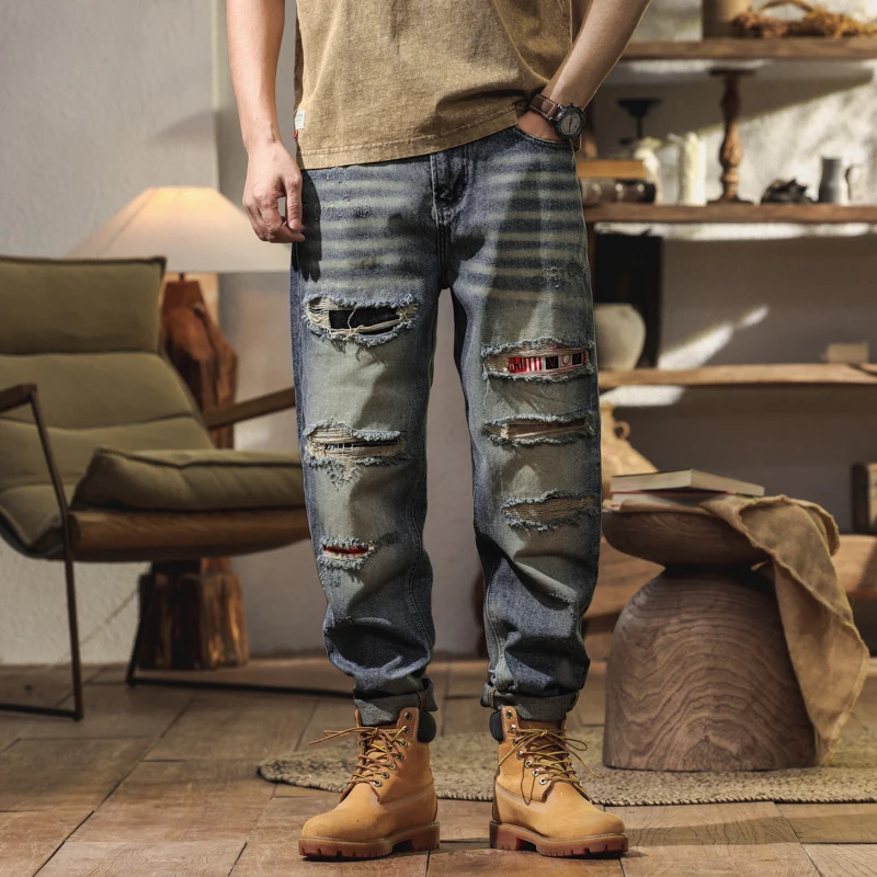 

BYCL901 High Street new hole cut patch embroidery fashion tide loose cone hanging wear patch jeans man