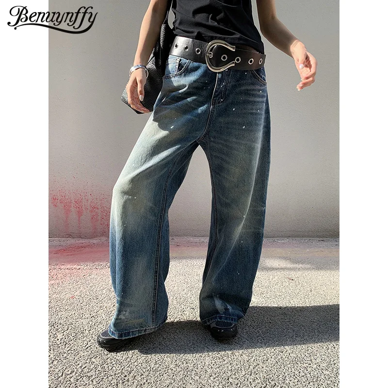 

Benuynffy Y2k Vintage Low Rise Washed Do old Jeans for Women 2026 Spring New 2000s Paint Splash Baggy Wide-leg Denim Trousers