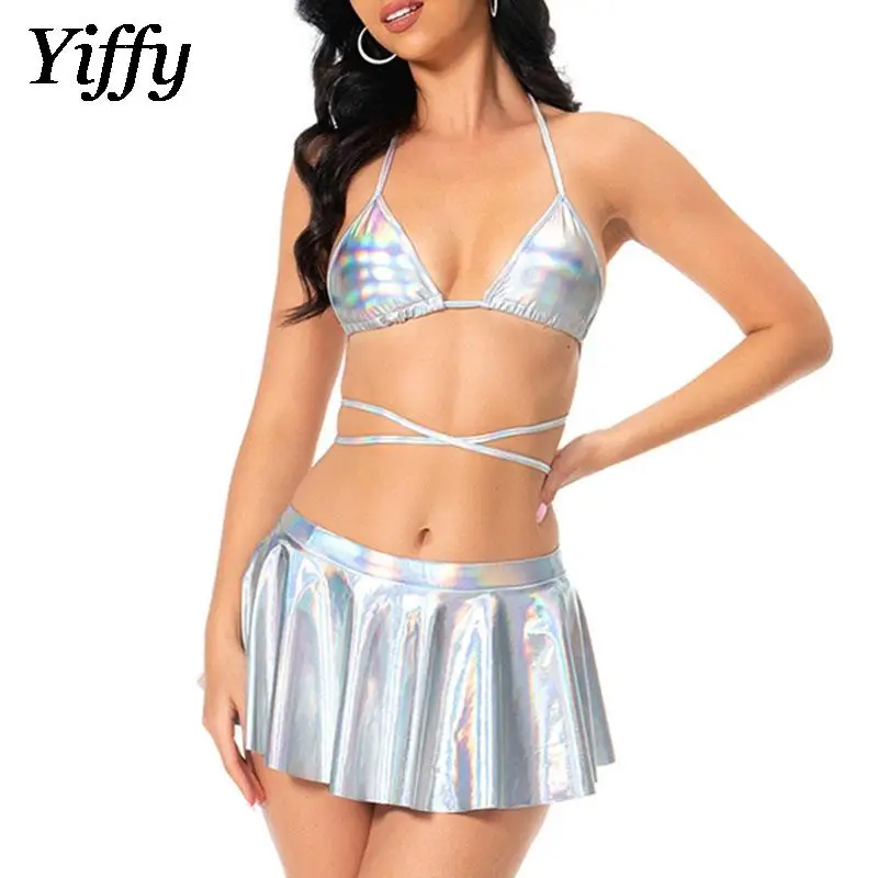 

Новый танцевальный комплект с разрезом, блестящий бюстгальтер и блестящая ткань, сексуальная короткая юбка, костюм для сценических представлений для взрослых, женский костюм