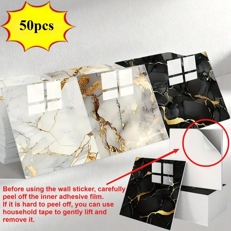 50pcs Glossy Marble Pattern Imitation Tile Self-Adhesive Wall Stickers Peel and Stick Waterproof Wallpaper for Bathroom Kitchen