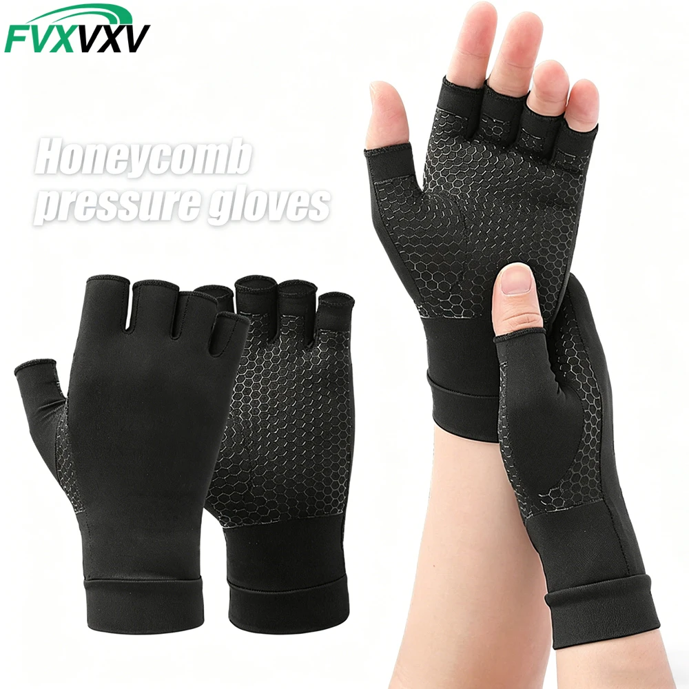 1Pair Copper Arthritis Compression Gloves Women Men Relieve Hand Pain Swelling and Carpal Tunnel Fingerless for Typing, Support