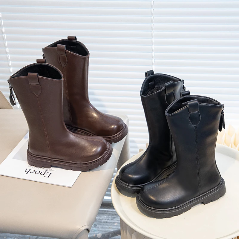 

Little Girls Plush Lining Mid-calf Boots 2025 New Winter Kids Platform Leather Boots Non-slip Simple Kids Christmas Party Boots