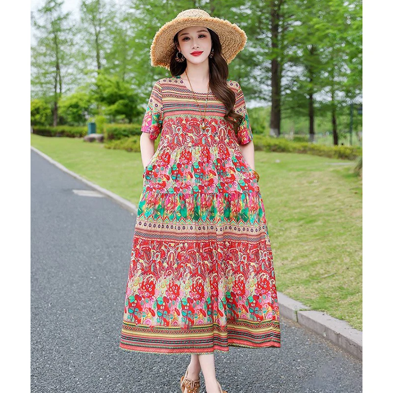 

Vintage Printed O-Neck Pockets Bohemian Floral Dress Women's Clothing Summer New Loose Commuter Short Sleeve Dresses
