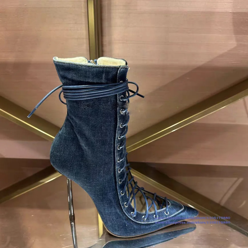 

Blue Denim Hollow-Out Ankle Boots Pointed-Toe Lace-Up Stiletto High Heel Boots Women's Booties Luxury Designer Botas Mujer