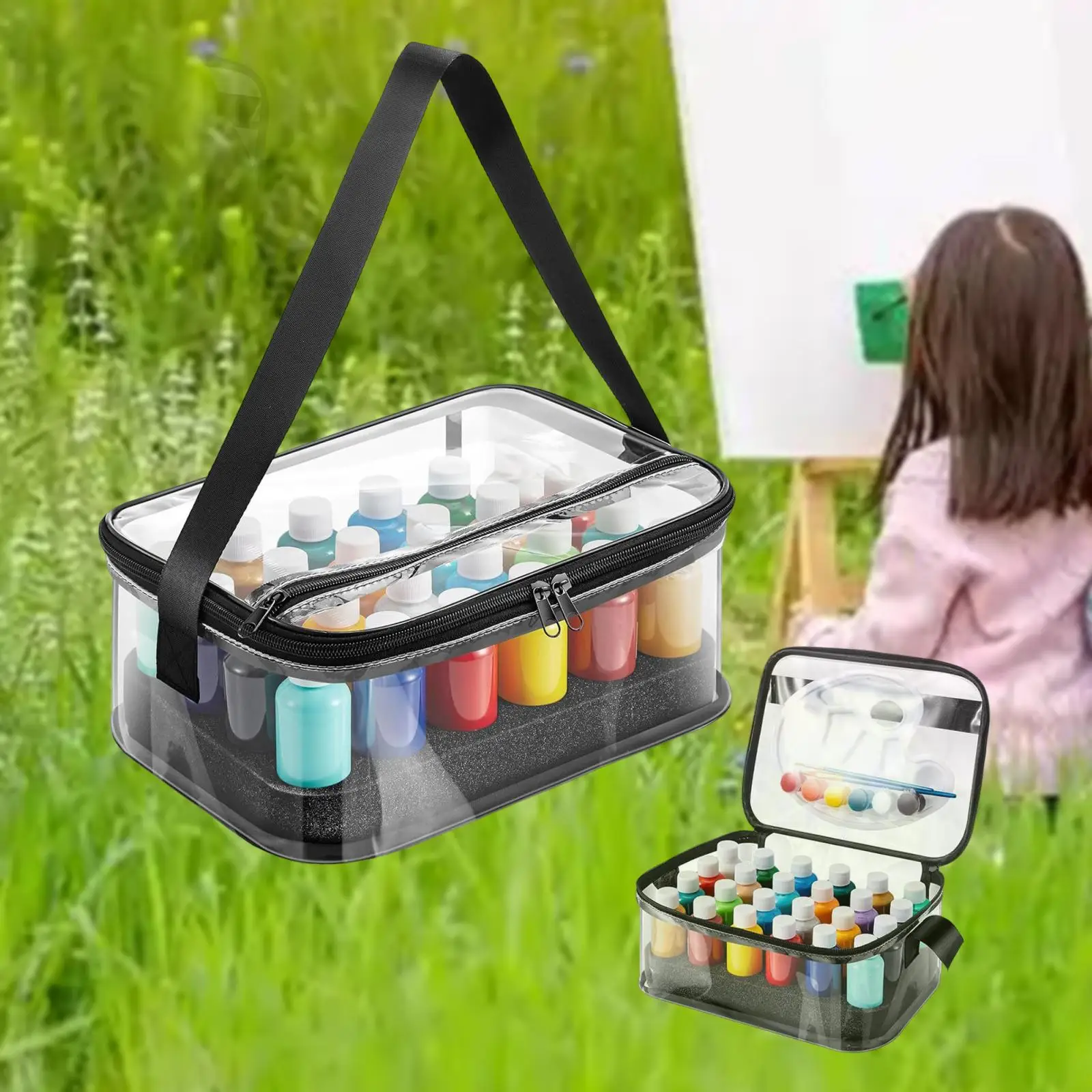 

Paint Organizer Case Hold up to 24 Bottles Multifunctional Clear Paint Bottle Organizer Bag for Studio Home School Office Travel