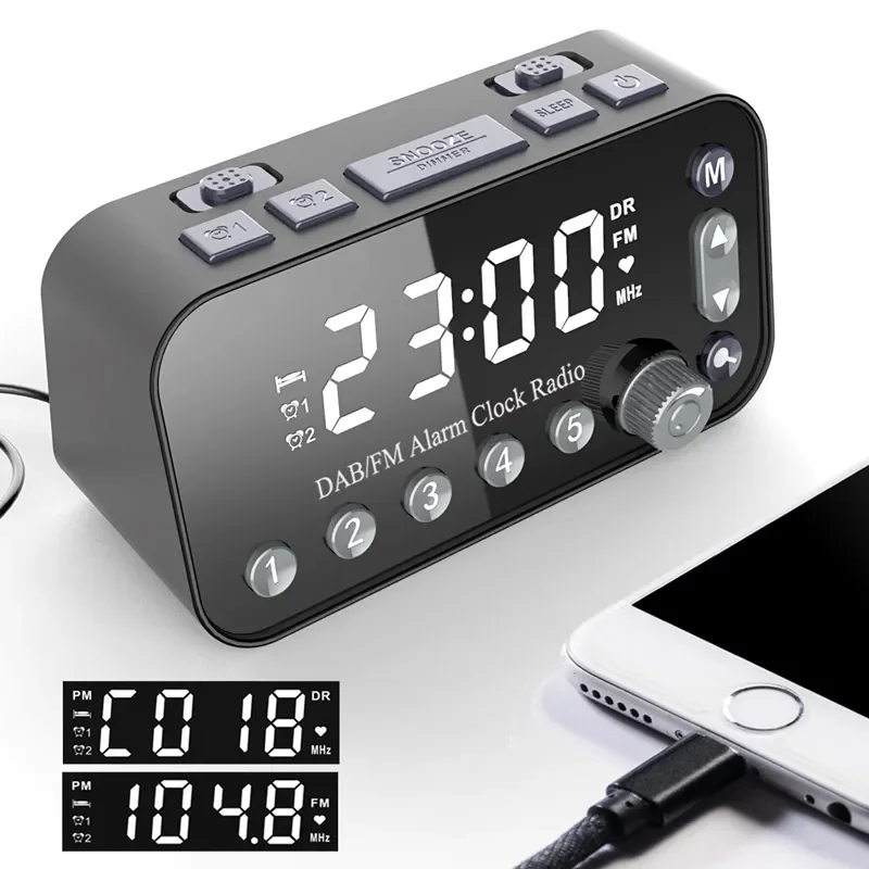 Digital Alarm Clock LED Desktop Clock Radio Dual USB Charging Port Auto Sleep Backlight Adjustable Alarm Volume