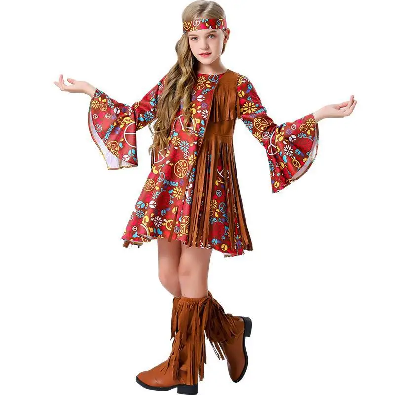 Halloween Exotische Disco Hippie Kinderen Ouder-Kind Outfit Set Podium Voorstelling Kostuum Bohemien Print Jurk Cosplay Clothe