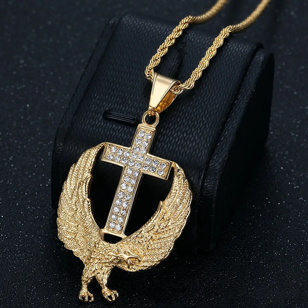 

Sparkling All Diamonds Masculine Cross Eagle Shaped Big Pendant Necklaces Man Stainless Steel 60CM Chain HIPHOP Trendy Accessory