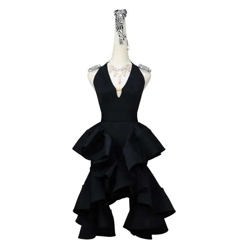 

Black Latin Dance Competition Dress Sexy Women's Halter Clothes Girls Ballroom Performance Costumes Wear Bodycon Short Skirt