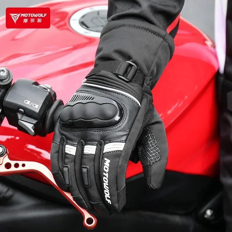 motowolf-冬オートバイサーマルグローブフリース防風モトクロス手袋革モト機器男性防水バイカー手袋