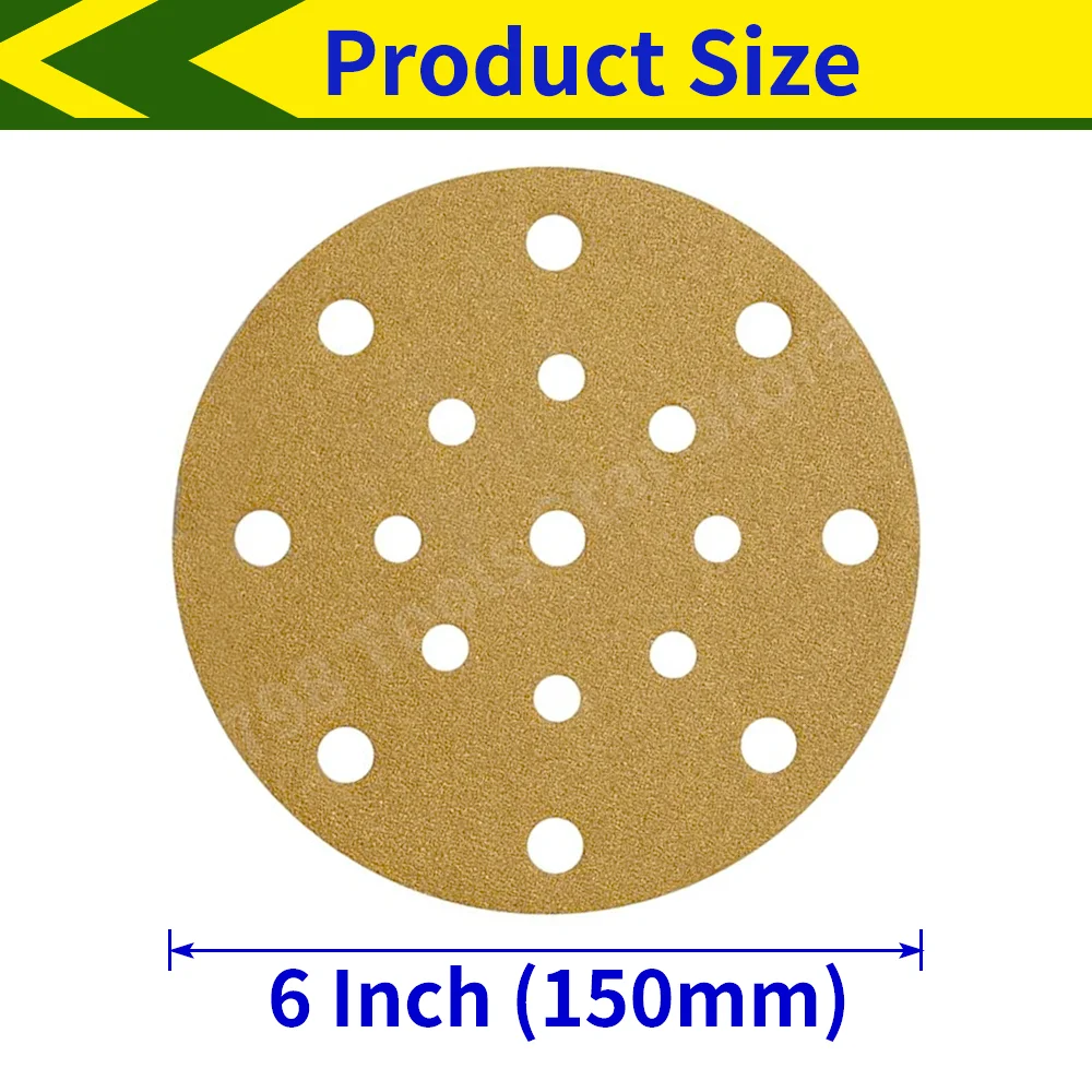 50PCS 6 Inch 17 Hole Hook & Loop Gold Sanding Discs 40-800 Assorted Grits Random Orbit Gold Sandpaper for Automotive Paint Metal