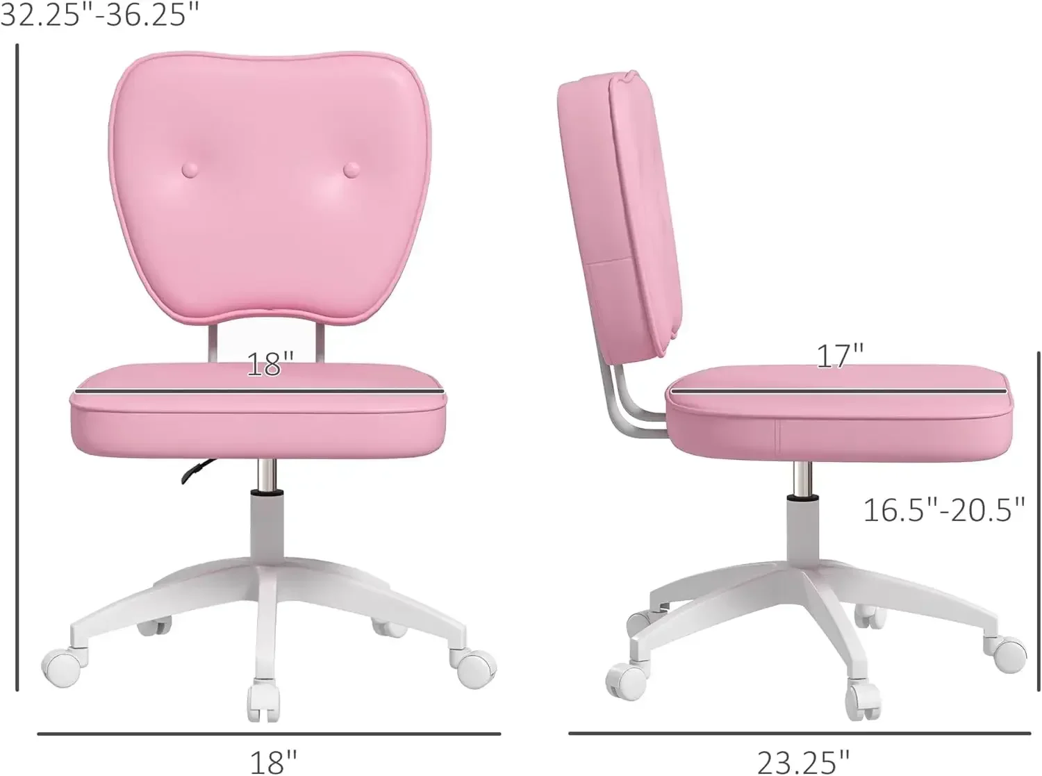 Cute Armless Office Chair, Small Pu Leather Computer Desk Chair, Vanity Task Chair With Adjustable Height, Swivel Wheels, Mid