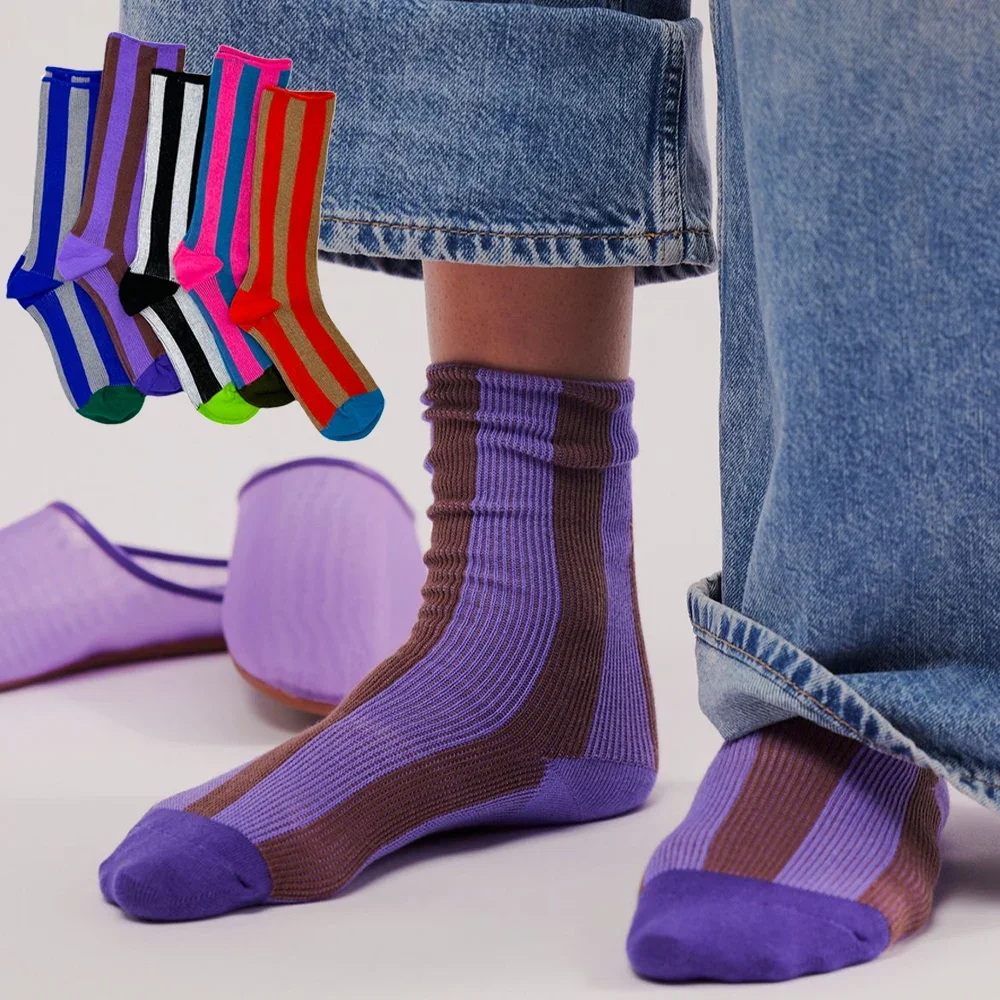 

Unisex New Line Color Matching Stripes in Tube Socks Double Needle Double Way Design Cotton Socks Sports Breathablesocks