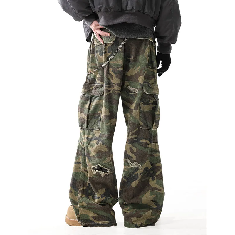 여성 스트리트웨어 빈티지 멀티 포켓 카모플라주 카고 진 2025 가을 미국 레트로 Y2K 데님 팬츠 와이드 레그 배기 바지