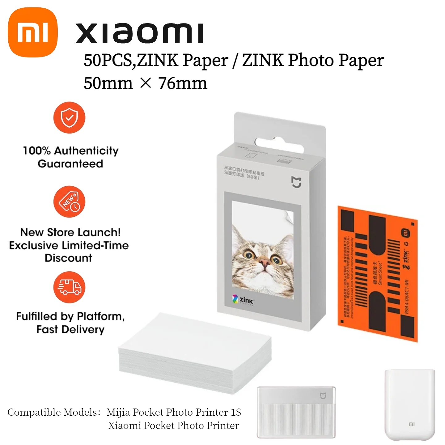 50 Pack Xiaomi Pocket Printer Paper ZINK Photo Paper 3x5 Mi Portable Photo Printer Paper Sticker Self-Adhesive Scrapbook Paper