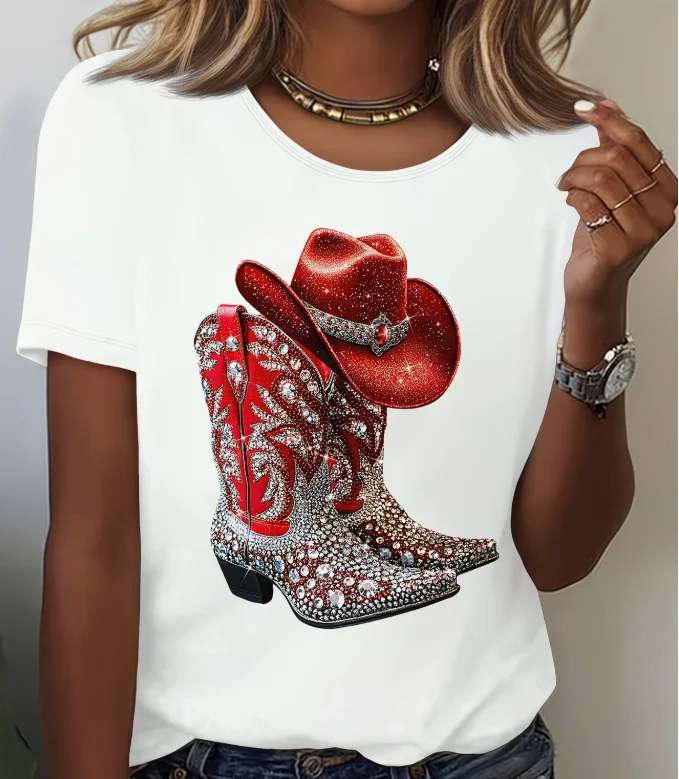 Women Red Rhinestone Cowboy Boots Hat T Shirt Western Glam Print Short Sleeve O Neck Casual Tops Black Summer Daily Wear
