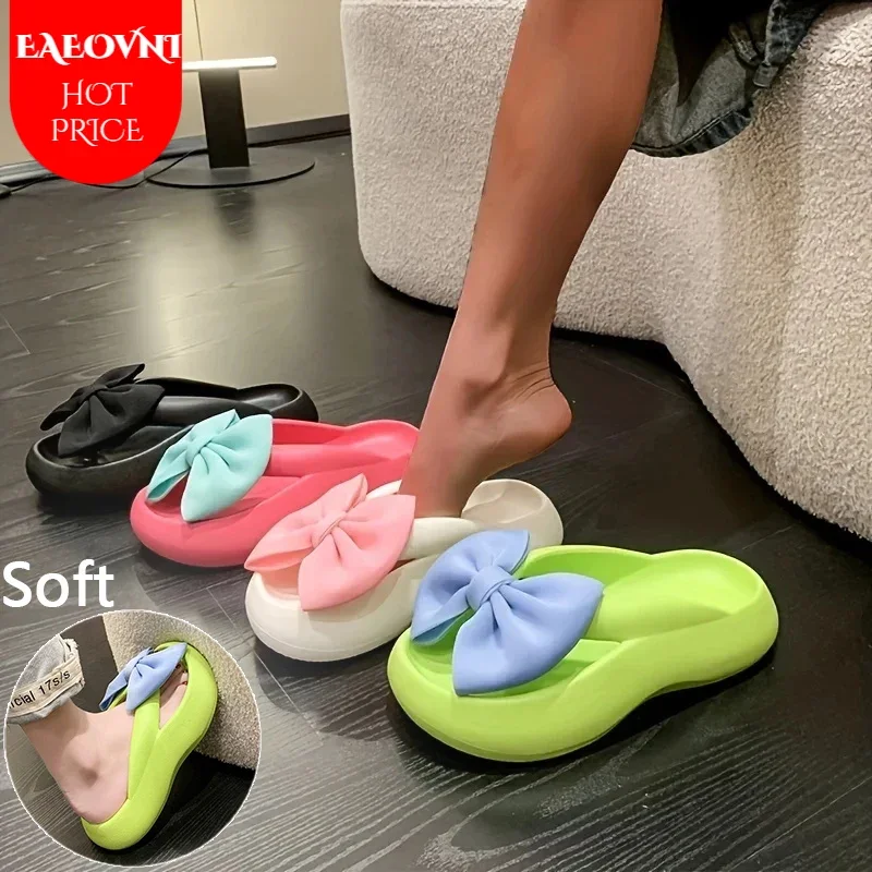 Damen Bogen Kissen Flip Flops, Kawaii Open Toe super weiche rutsch feste Slides Schuhe, Indoor & Outdoor Hausschuhe Bogen Knoten