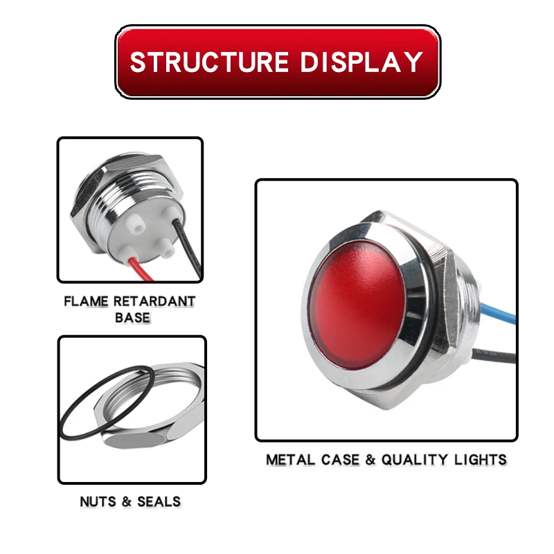 

16mm Ball Head Single‑Color Metal Waterproof LED Indicator Light with Wire, 6V/24V/220V, Red/Green/Yellow/Blue/White