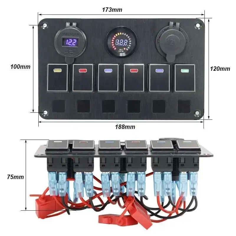 Automobile Repack Led Illuminated 12V 24V Marine Waterproof 6 Gang Switch Panel With USB Connector QC 3.0 Charger Voltm