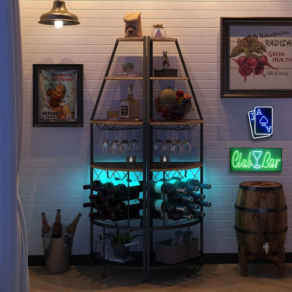 Rack de vinho de canto de 5 camadas com luz LED Rack de vinho de chão com suporte de vidro e garrafas de armazenamento de vinho Móveis de bar para casa fo