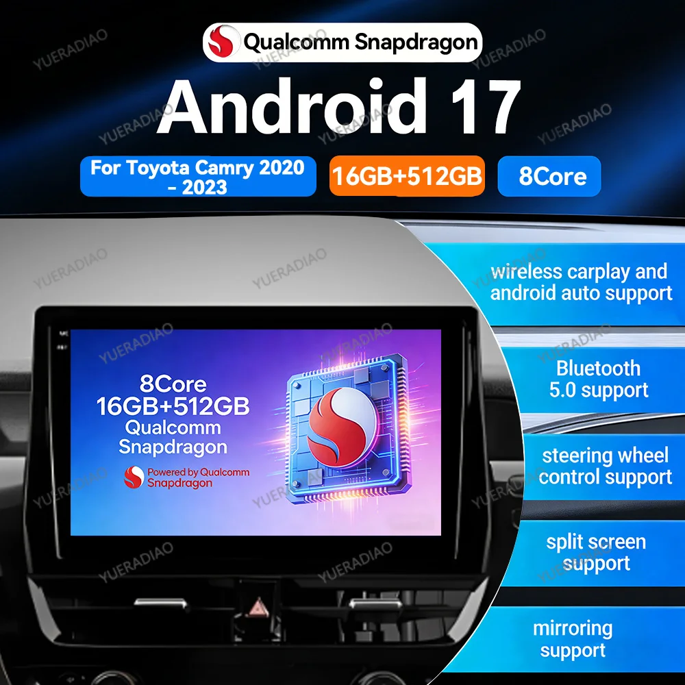 Android 17 Car Radio For Toyota Camry 8 XV70 2020 - 2023 Head Unit BT 4G LTE 5G WIFI 2DIN Qualcomm GPS NAVI QLED Carplay Auto