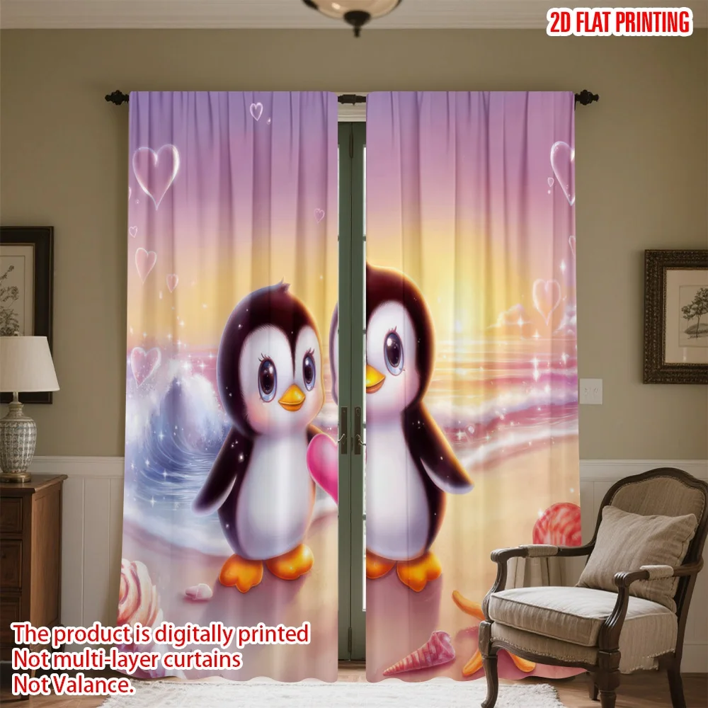 

2D flat printing 2pcs Window Curtains Valentine Penguins on Beach Digital Printed Polyester Drapes Family Party Decoration Use