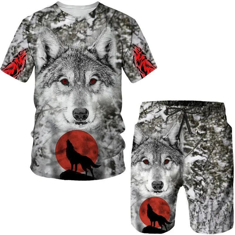 Fashion Summer Wolf 3D Printed Men\'s T-Shirt Shorts Sleeve Tops Unisex Cool Animal Sport O-neck Tracksuit Hip Hop Set Su