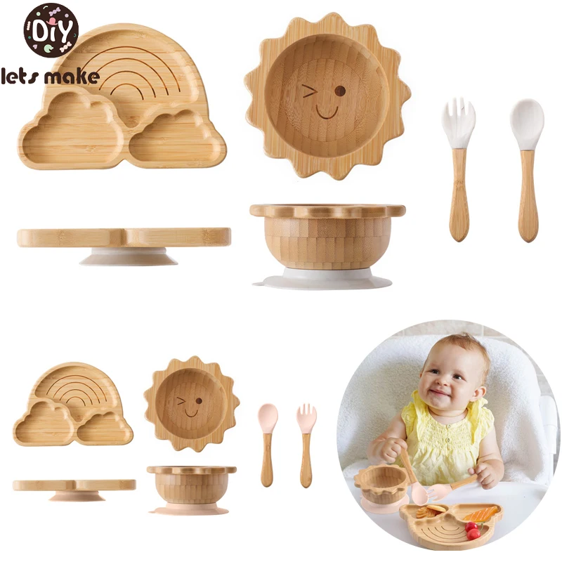 

Baby Bamboo Wooden Dinner Plate Non-slip Tableware Sucker Plates Bowl Fork Spoon Sets Sun Shape Feeding Dishes Infant Birth Gift