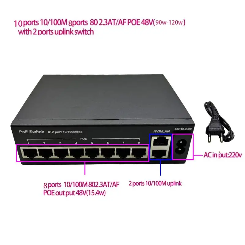 

ANDDEAR passive 10 Port Poe Switch 48V 4/5+ 7/8- ethernet 10/100Mbps switch poe 8 port power for cctv camera ip cameras