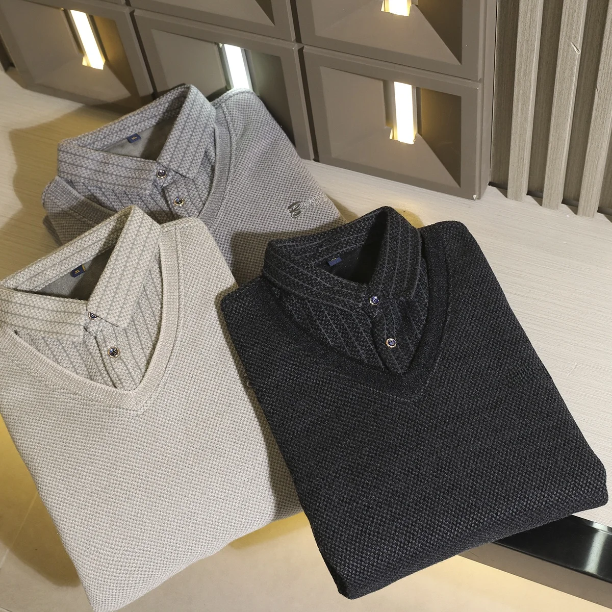 

Утепленный вязаный свитер с воротником-стойкой, имитация двухслойности, осенне-зимняя мужская повседневная одежда для прогулок и поездок на работу