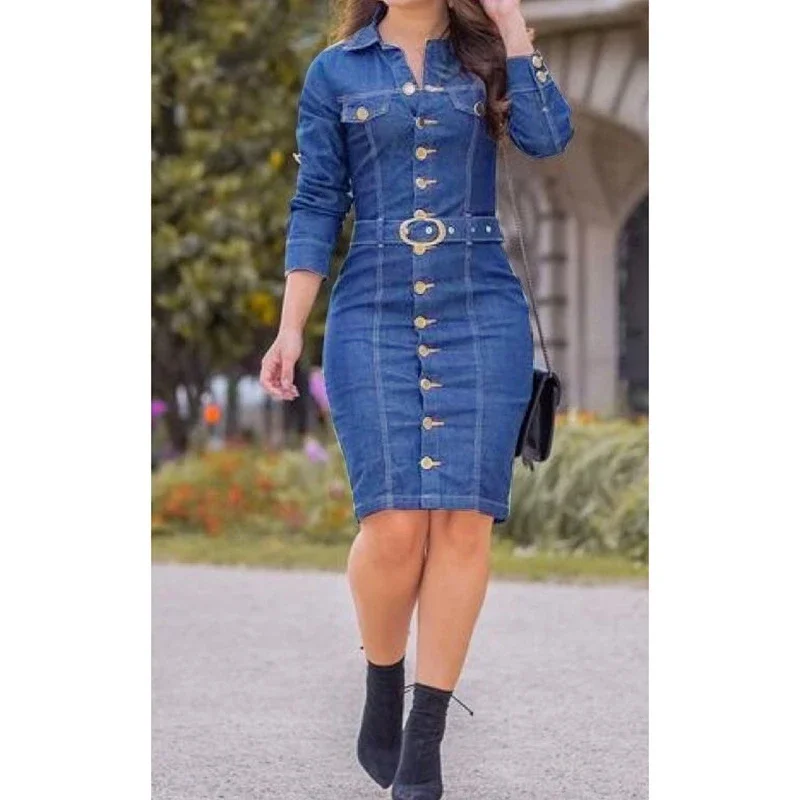 New Denim Dress Women Lapel Slim Fit Elegant Pencil Dresses Long Sleeve High Waist Singl-Breasted Jeans Vestidos Largos Mujer